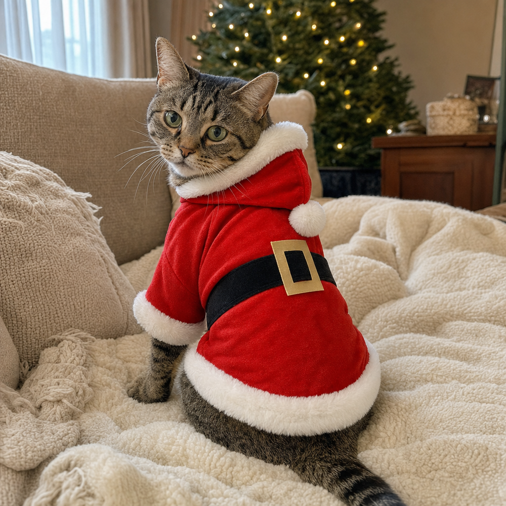 Cat wearing the Santa Claus hooded pet coat, seen from behind: red velvet-touch coat, black belt with gold buckle on the back, hood with white pompom