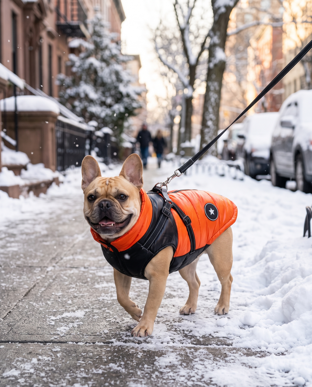 French Bulldog walking in the snow wearing the orange and black puffer dog jacket with built-in harness